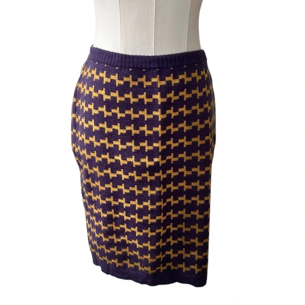 Vintage abstract knit purple and mustard yellow midi pencil skirt 44 - Picture 2 of 13